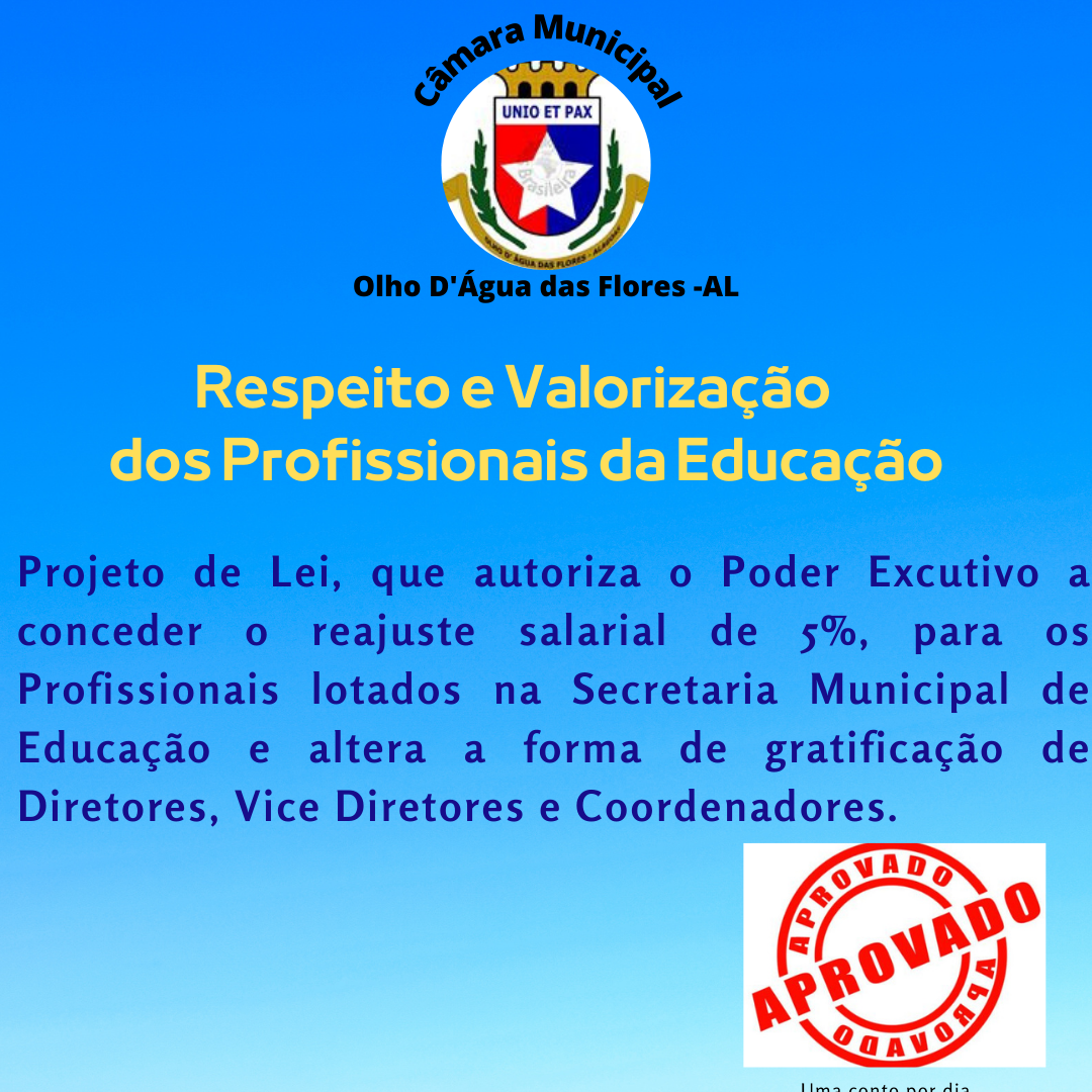 Vereadores aprovam por unanimidade Projeto de Lei que concede 5% de reajuste dos profissionais da educação municipal.